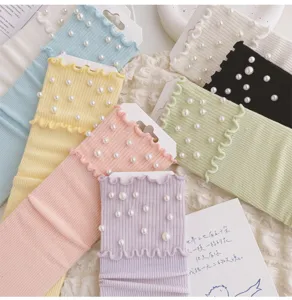 Ruffled pearl crew socks sweet candy color ribbed long socks cute stackable hosiery.