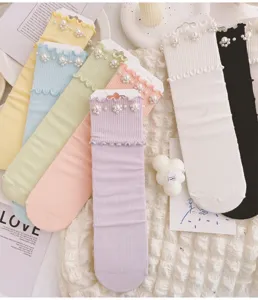 Damen Rüschen Stulpen Socken süße Perlen Mittelsocken süßer JK Stil Freizeit Strümpfe Frühling
