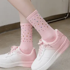 Women's Trendy Cotton Mid-Tube Socks With Colorful Hot-Fix Rhinestones Casual Fashion Everyday Crew Socks