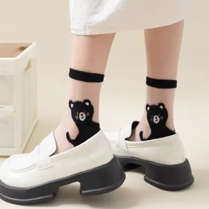 Sheer crystal silk women socks with cute black cat pattern, thin breathable spring summer style.