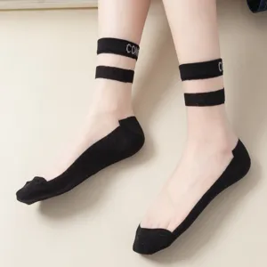 Women sheer crystal silk socks thin breathable summer short socks with double stripe design