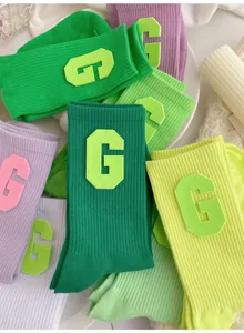 Trendy women cotton socks with letter G patch, Japanese college style spring green casual hosiery