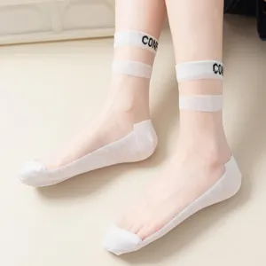 Women sheer crystal silk ankle socks with double stripes and cotton bottom white