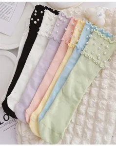 Women ruffle pearl mid-calf socks candy color cute slouch socks sweet daily hosiery