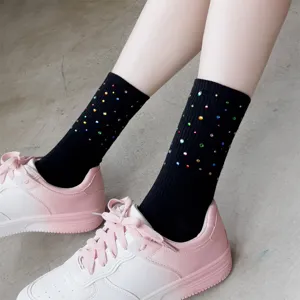 Women black mid-tube socks with colorful rhinestones sweet cool style versatile cotton socks