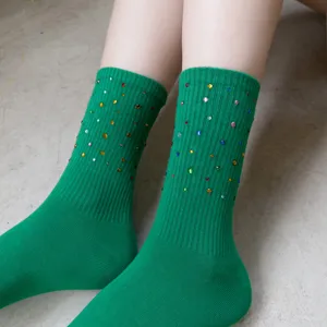 Green crystal rhinestone ribbed crew socks for women, stylish fashion casual daily wear main view