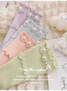 Damen Rüschen Slouch Socken Lolita Perlen Mittelsocken süßer College Stil modische Strümpfe