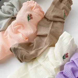 Cute tulip embroidered ribbed mid-calf socks multi-color casual cotton hosiery main view