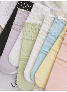 Women candy color pearl ribbed crew socks with cute lettuce edge sweet style detail view