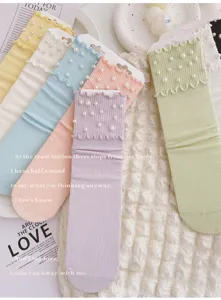Candy color pearl ribbed crew socks with sweet lettuce trim, cute stacking socks for women.