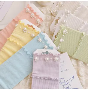 Damen Lolita JK Rüschen Perlen Stapel Socken Süße Pastell Baumwolle Mid-Tube Alltag