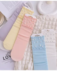 Women ruffled mid tube socks candy color pearl ribbed stacking socks casual sweet hosiery