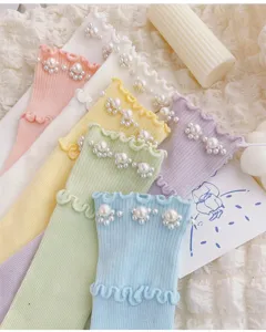Damen süße rüschen stack socken pastell strick perlen dekorative mittelsocken süßer stil