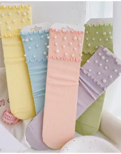Candy color ruffled mid-calf socks with pearl decorations, sweet style details.