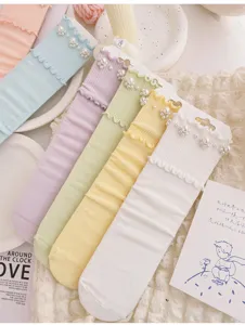 Damen süße spitze perlen slouch wadenlange socken preppy stil süße pastell strümpfe