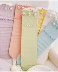 Damen süße süße Rüschen Perlen Wadenstrümpfe Pastell Lolita JK Stil Baumwollstrümpfe Alltag