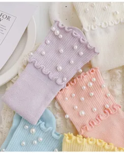 Women ruffle edge candy color pearl mid tube socks spring autumn cute knit fashion hosiery