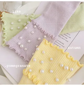 Candy color ruffled pearl mid-calf socks ribbed knit fashion daily hosiery socks.