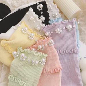 Damen Süßer Lolita Stil Rüsche Spitzen Mittelhohe Socken Süße Künstliche Perle Gestrickte Baumwolle Lässige Modische Socken
