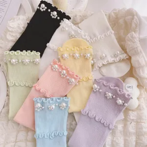 Damen Perlen gerüschte Socken süß Lolita JK Baumwoll Strick Strümpfe für Alltagsmode