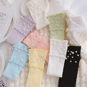 Women's Sweet Ruffle Lettuce Trim Crew Socks Cute Artificial Pearl Decorated Striped Casual Cotton Stacked Socks For Spring Fashion