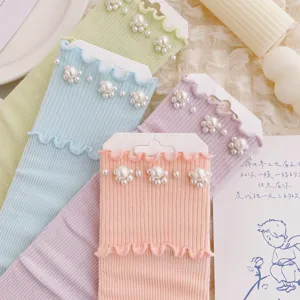 Damen Perlen Rüschen Mid-Tube Socken süße Lolita Stil Baumwolle Socken Frühling Herbst