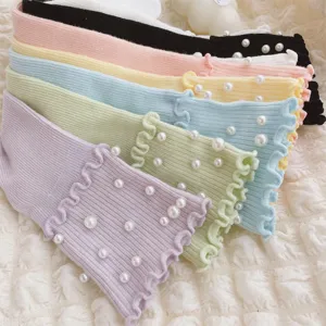 Cute candy color pearl ruffled mid tube socks for women sweet style cute slouchy cotton hosiery