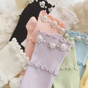 Damen Perlen Rüschen Socken süße Lolita Strick Socken süße College Stil Freizeitsocken Mode