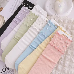 Cute candy color women mid-tube socks with elegant pearl and ruffle edge design sweet daily wear.