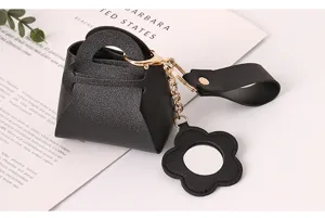 Mini PU leather handbag keychain with flower mirror pendant stylish cute small coin purse pouch