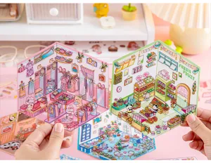 Primer plano de detalles de pegatinas de diario PET en escena en miniatura 3D coloridas.