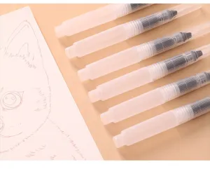 Set of 6 clear water brush pens with fine tips for watercolor painting and sketching art tools.