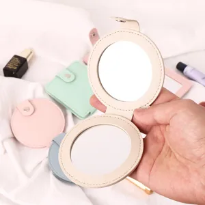 Espejo de Maquillaje Plegable de Cuero PU Portátil Mini Espejo Cosmético de Bolsillo Espejo Compacto de Doble Cara para Viajes Uso Diario