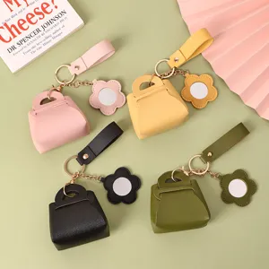 Cute PU leather mini handbag keychain with flower mirror pendant stylish accessories