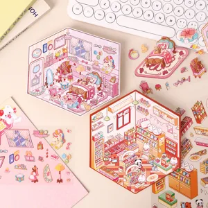 3D Escena Miniatura Estéreo Manual DIY Pegatinas Decorativas Lindo Dibujo Animado Casa Animal Niños Educativo Papelería Creativa