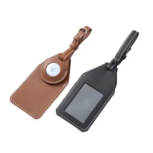PU leather luggage tag protective case for Apple AirTag tracker, secure travel ID holder.