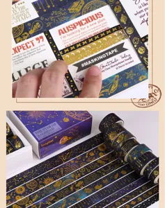 Gold-stamped washi tape set with celestial star and constellation designs for DIY crafts.