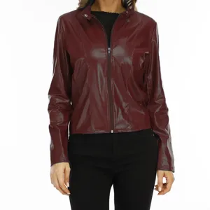 Damen stilvolle burgunderrote Kunstlederjacke mit Reißverschluss für die Herbstmode.