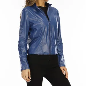 Damen blaue Kunstlederjacke stylischer Stehkragen Reißverschluss Freizeit Herbstmantel