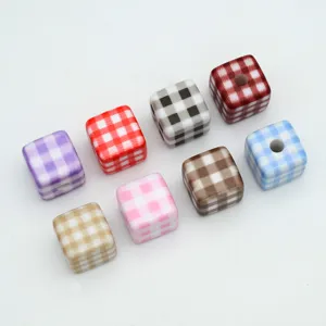 Colorful acrylic plaid square loose beads detail, perfect for DIY handmade jewelry and chains.