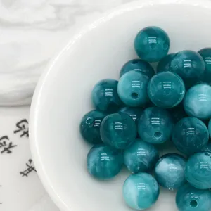 Dark teal marbled acrylic beads, vintage style round loose beads for DIY jewelry making and crafts.