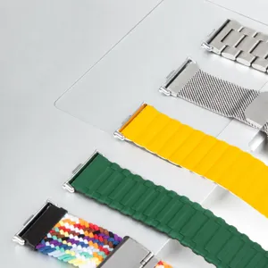 Detailed view of various 22mm watch bands including silicone, metal, and braided styles.