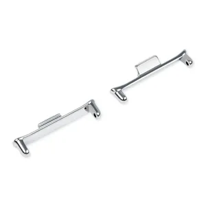 Detailed close-up shot of silver metal watch strap connector adapters, smooth polished finish.