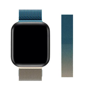 Gradient metal mesh watch strap detail, magnetic closure design for smart watch replacement.