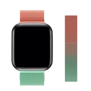 Milanese magnetic metal watch strap detail, vibrant gradient mesh design replacement band.