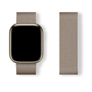 Gold metal Milanese loop smartwatch band and compatible watch detail view with magnetic clasp.