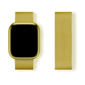 Gold Milanese loop metal magnetic watch band detail view for smart watch replacement accessory.