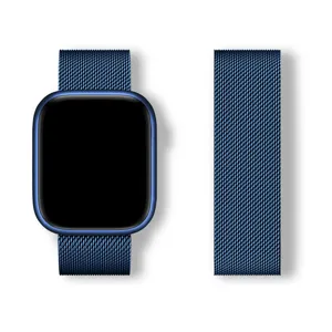 Blue metal Milanese loop strap and watch case set, smooth mesh design for daily comfort.