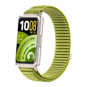 Detalle de correa de reloj de repuesto de nailon tejido verde, diseño texturizado transpirable.