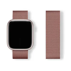 Milanese metal mesh watch band detail view, rose gold stainless steel magnetic loop design.